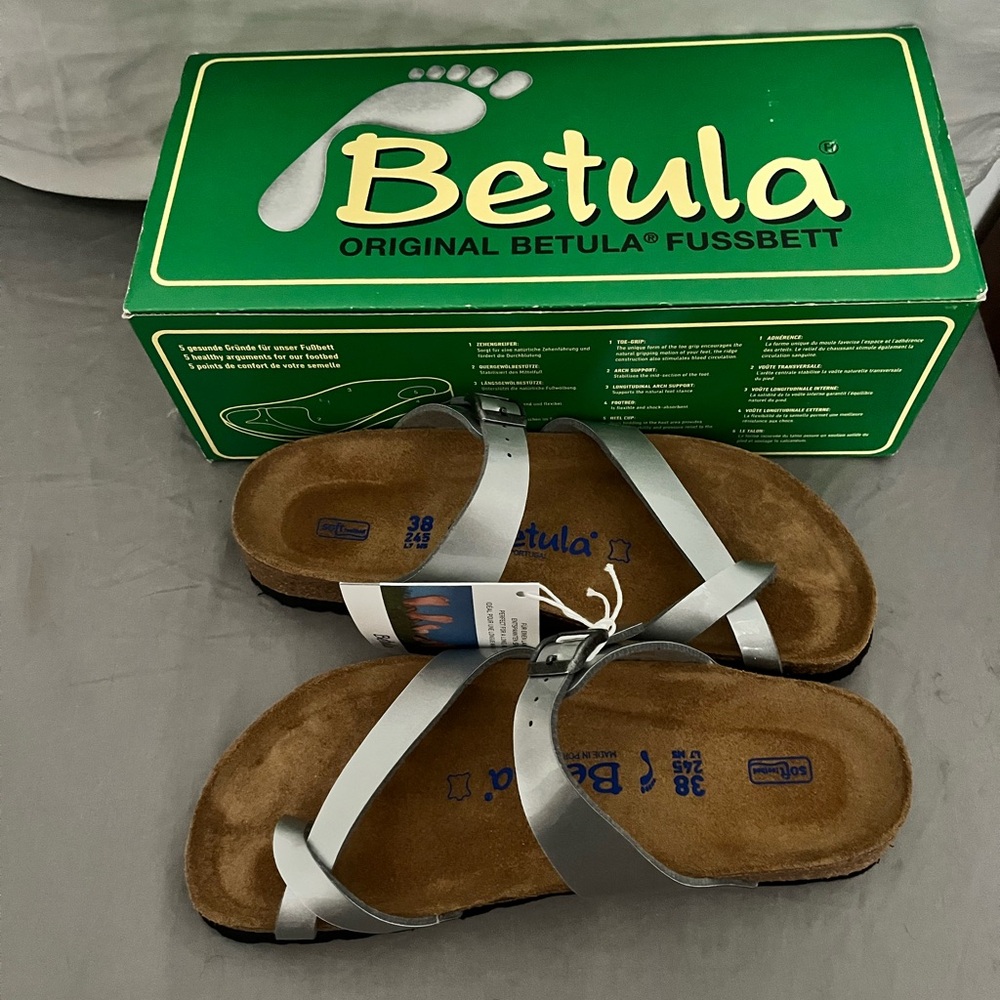 Birkenstock Betula Mia Metallic Silver Sandals Size 38 NWT